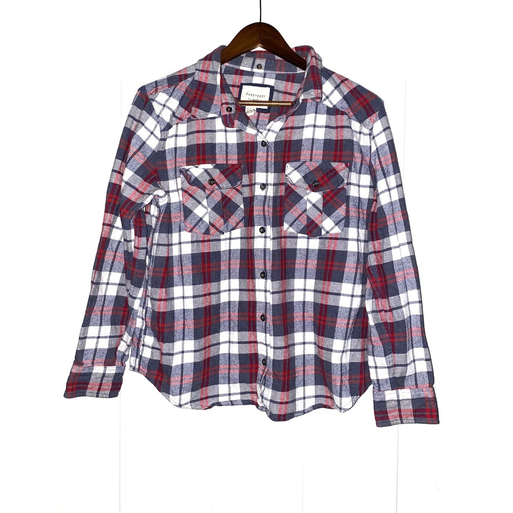 Forever 21 Check Plaid Flannel Long Sleeve Shirt Women M Casual Outdoor‎